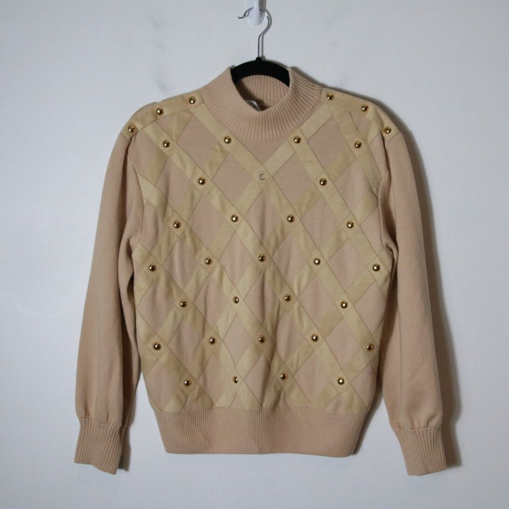 St. John Collection Women Turtleneck Sweater Medium Diamond Gold Beige Geometric
